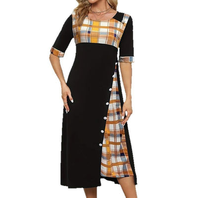 Round Neck Contrast Color Half Sleeve Irregular Long Dress