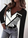 V-collar Contrast Color Printed Slim-fit Pullover Zipper Top