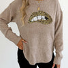 Maglione girocollo con stampa leopardata, paillettes ricamate e labbra con personalità femminile