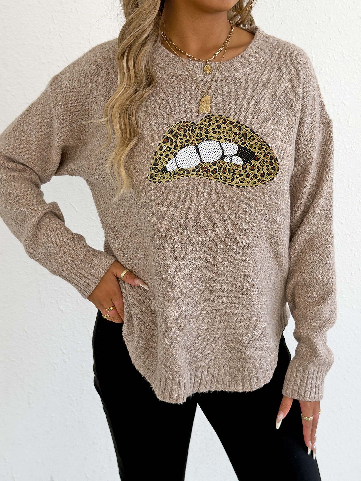 Female Leopard Print Embroidered Sequins Lips Personality Crew Neck Pullover Sweater