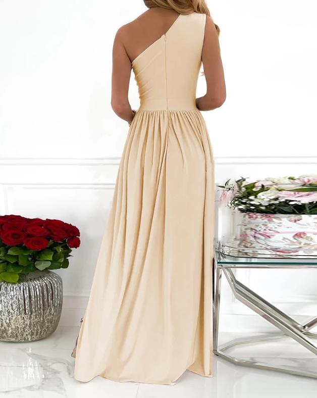 Abito lungo da cocktail da donna, elegante, sexy, monospalla, con spacco alto e cut-out, senza maniche