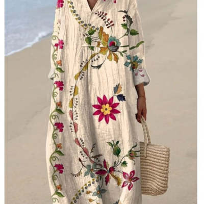 Womens Printed Maxi Dress With A Wide V-Neck And Long Sleeves