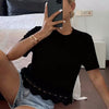 Women's Solid Color Versatile Hollow-Out Spliced Short-Sleeve