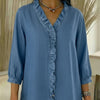 Camicia da donna casual con scollo a V e balze in stile denim
