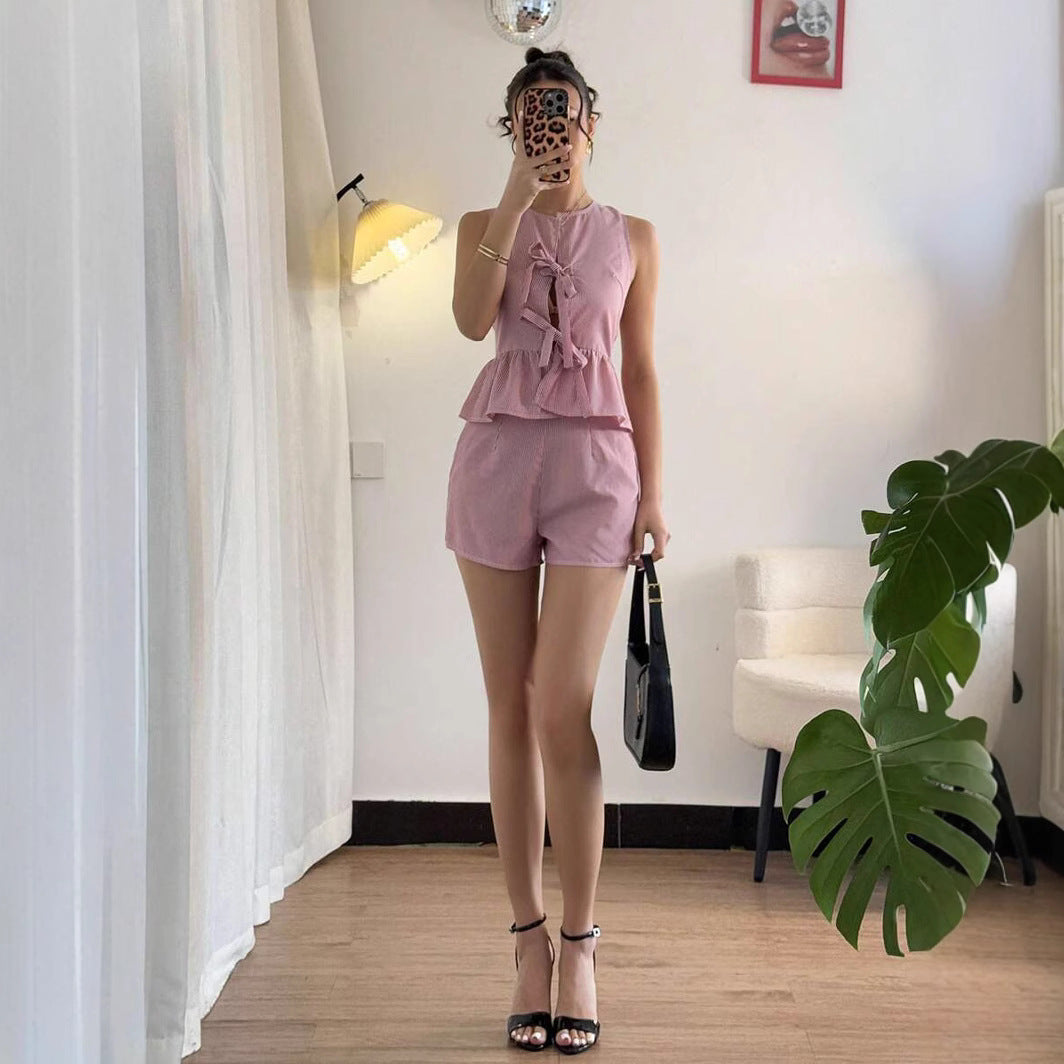 Womens Fashion Striped Short-Sleeve Bow-Knot Shorts Set