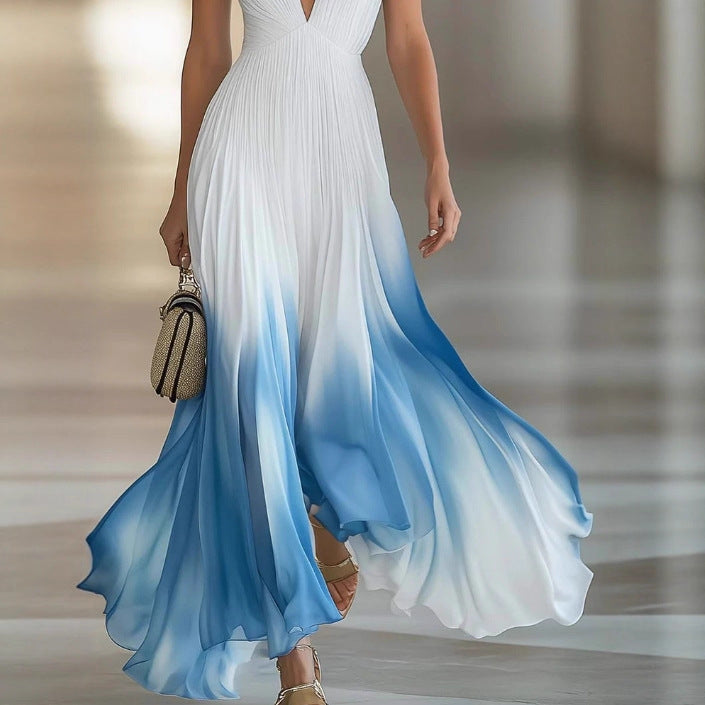 Elegant And Flowing Pleated Blue Chiffon Dress For Women
