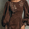 Boho Brown Puff Sleeve Floral Embroidered Suede Mini Dress
