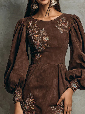 Boho Brown Puff Sleeve Floral Embroidered Suede Mini Dress