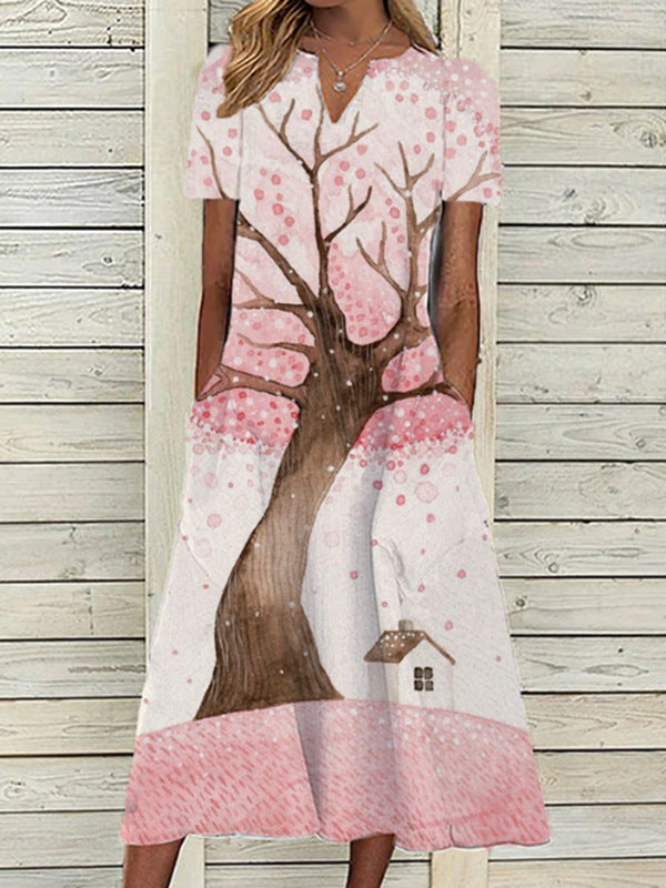 Women's Oil Painting Flower V-neck A- Line Dress