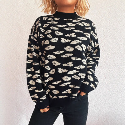 Casual Contrast Color Round Neck Vintage Jacquard Long Sleeve Warm Sweater