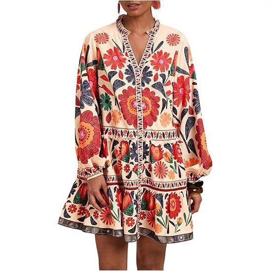 Floral Print Short Bohemian Beach Long Sleeve Button-down Flowy Blouse Dress