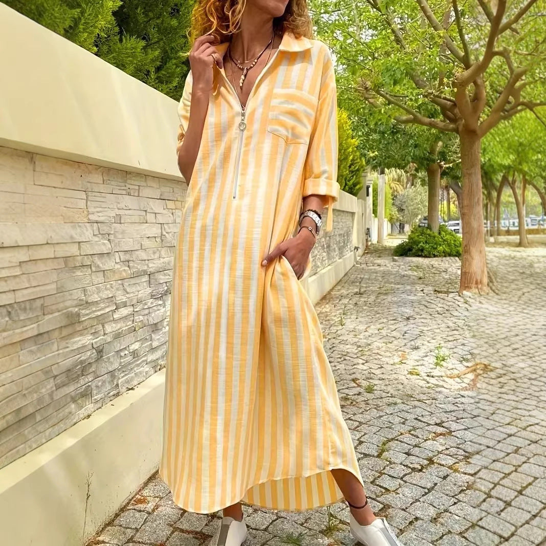 Womens Elegant Casual Loose-Fit Striped Long Shirt Dress