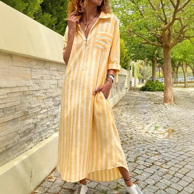 Womens Elegant Casual Loose-Fit Striped Long Shirt Dress