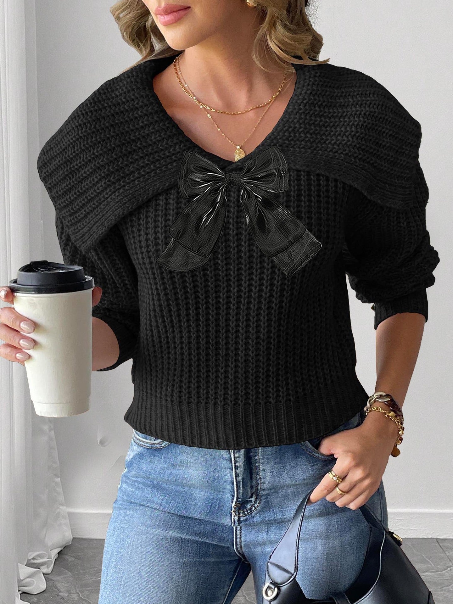 Women's Large Lapel Bow Splicing Pullover Sweater