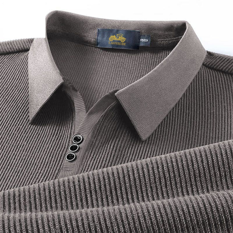 Vertical Texture Button Access Control Collar T-shirt