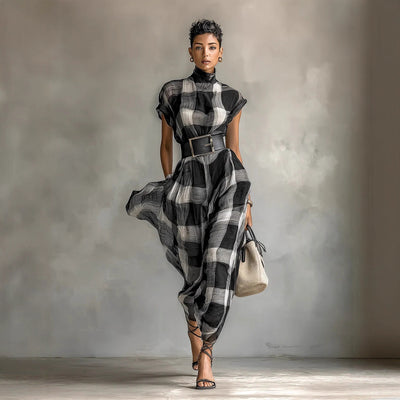 Retro Loose-fit Waist-cinched High-neck Plaid Dress With A Zipper