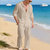 Set Casuale di Camicia a Maniche Lunghe con Cappuccio e Pantaloni in Lino Traspirante e Ampio