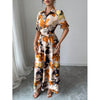 Womens Blouse-collar Puff-sleeve Cross-tie Waist Printed Dress