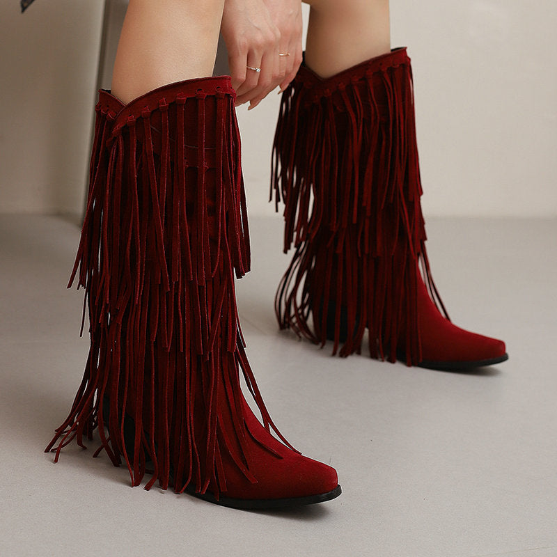 Women's High Boots Autumn And Winter Suede High Heel Tassel Boots Below The Knee