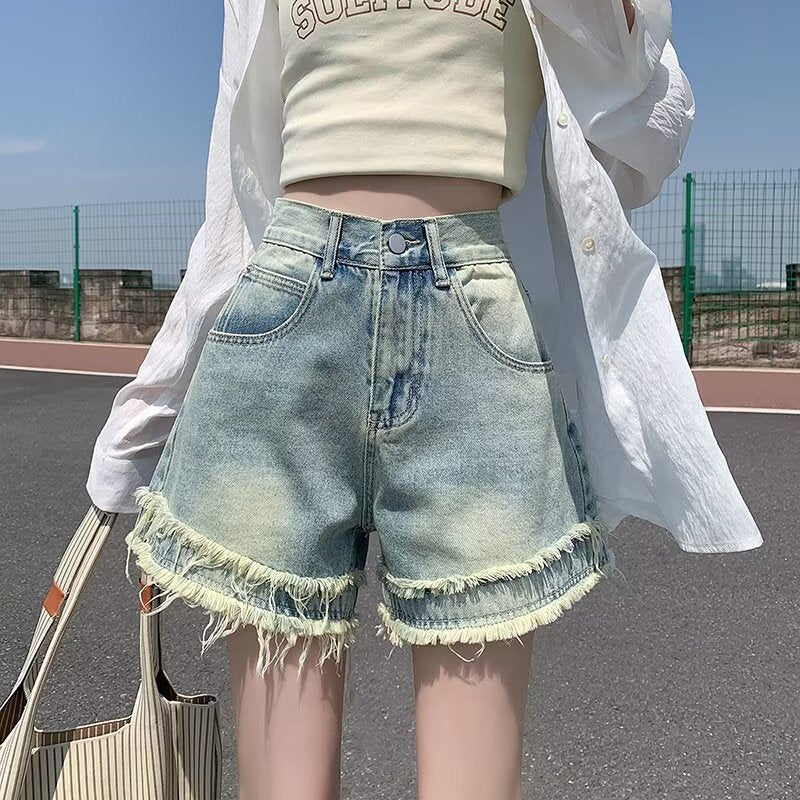 Shorts di jeans sfrangiati da donna, nuovo stile estivo a vita alta