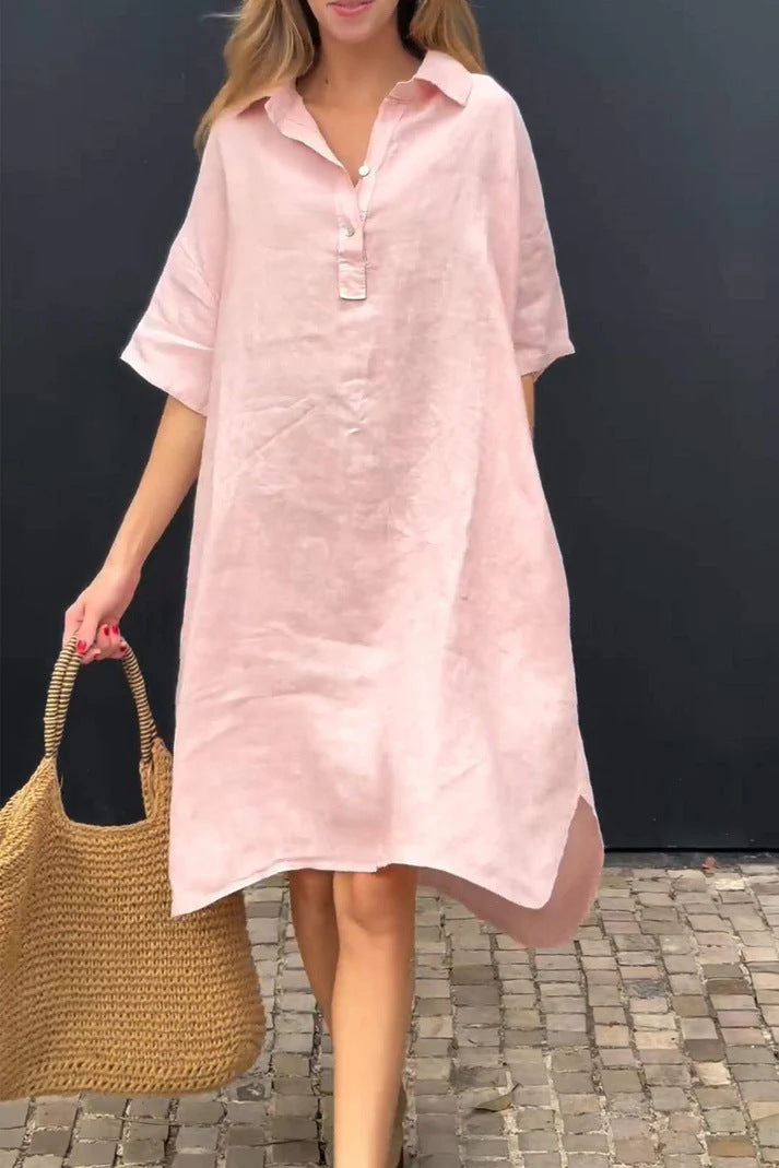 New Solid-color Casual Cotton-linen Long Dress With A Turn-down Collar And Buttons
