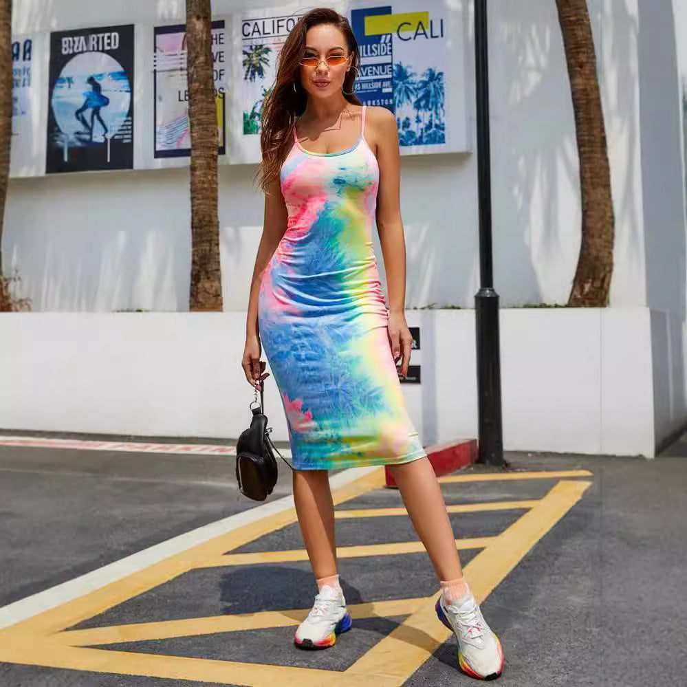 Casual Tie-Dye Long Dress With A Cross-Back Design
