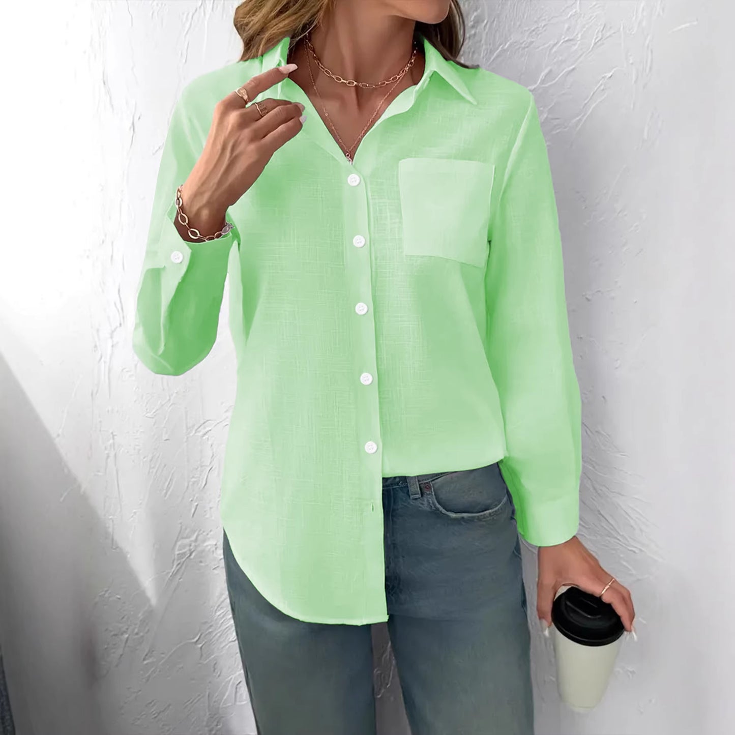 Camicetta da donna a maniche lunghe con colletto a risvolto, casual, plissettata e a vestibilità ampia