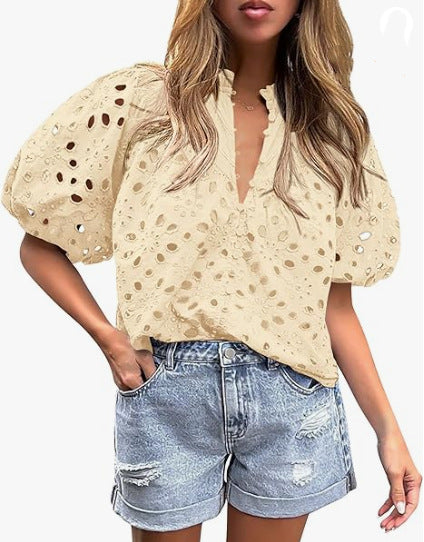 Top da donna casual elegante in pizzo traforato