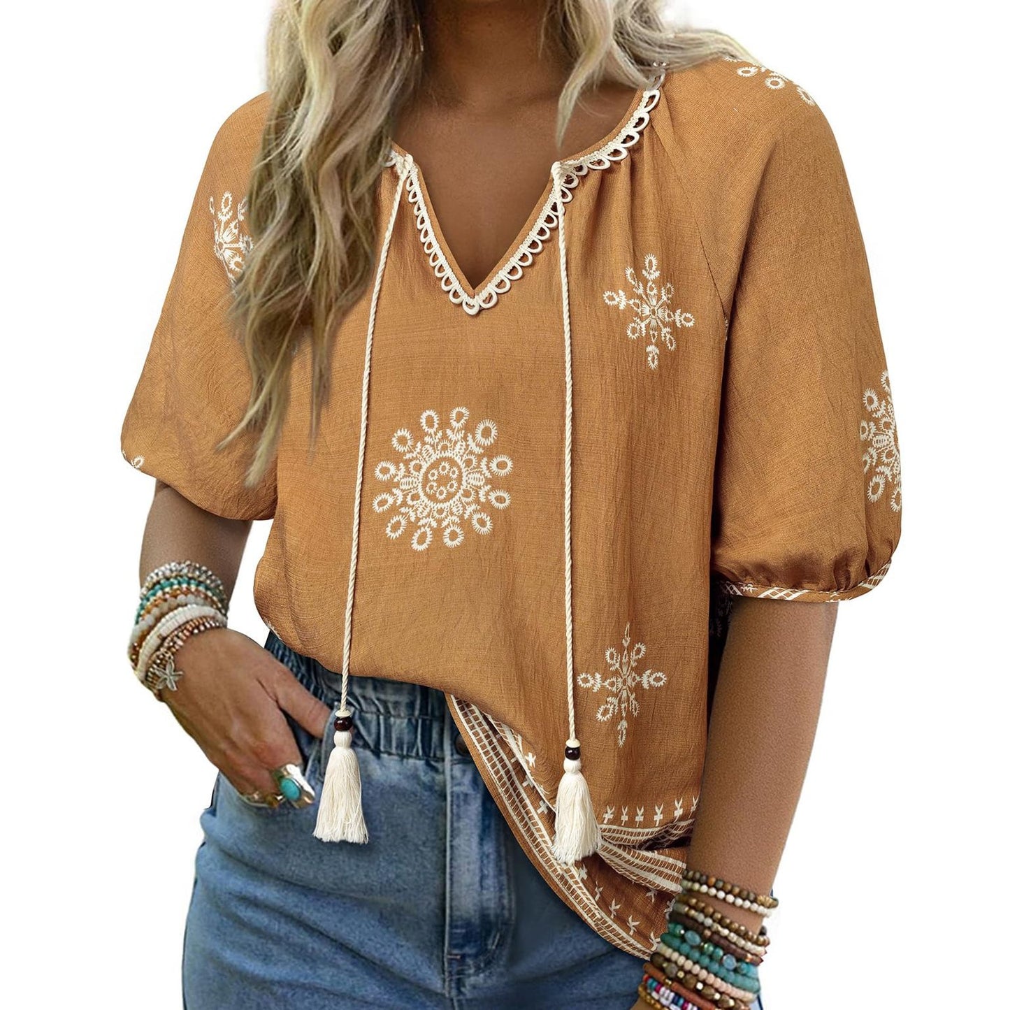 Bohemian Casual V-neck Short-sleeve Printed Blouse