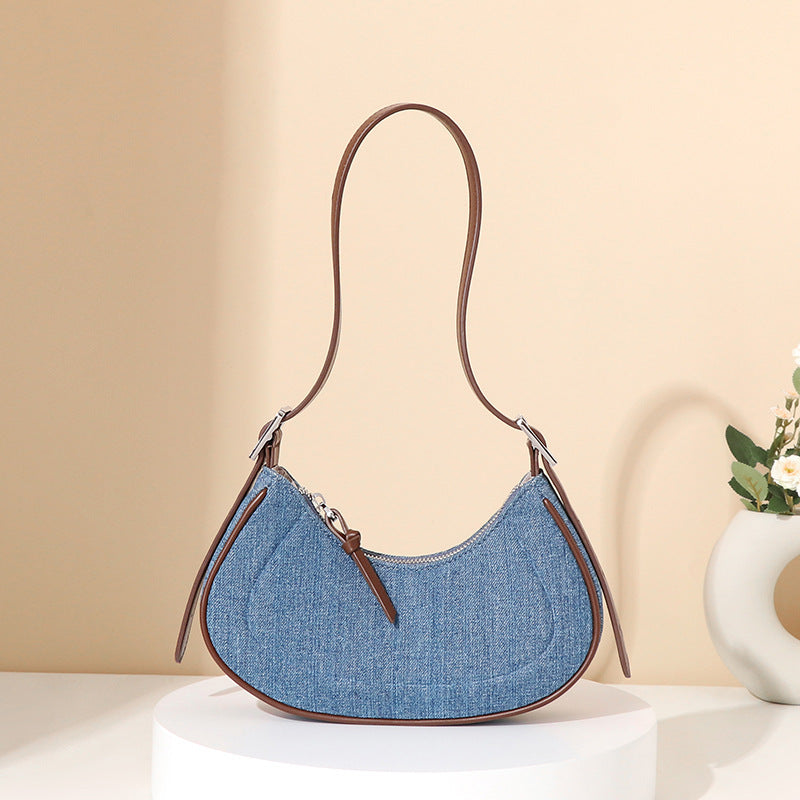 French Retro Denim Crescent Handbag