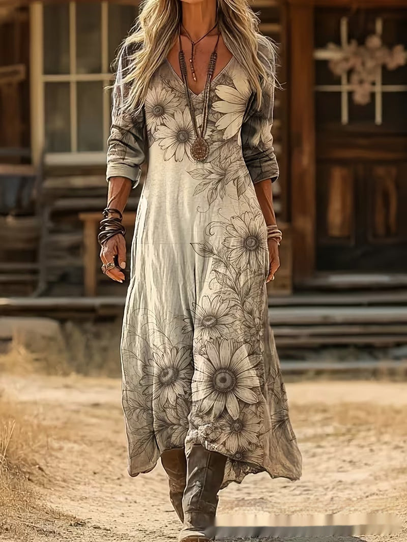 Womens 3D-printed V-neck Long-sleeve Dress