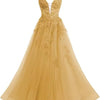 Women's Spaghetti Strap Tulle Long Applique Lace Dress With Long Dress
