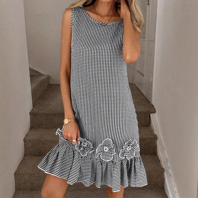 Elegant Sleeveless Womens French-Style Mini Black And White Plaid Shift Dress