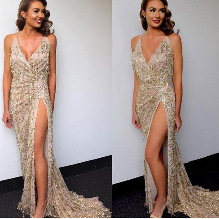 Abito con scollo a V sexy con paillettes e spalline all'americana