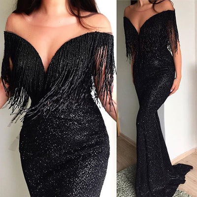 Esplosione di modelli sexy con paillettes nere, scollo a V, abito lungo senza maniche attillato
