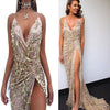 Abito con scollo a V sexy con paillettes e spalline all'americana