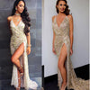 Abito con scollo a V sexy con paillettes e spalline all'americana