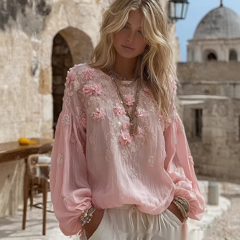 Top in lino ampio ricamato a rose, stile retrò bohémien