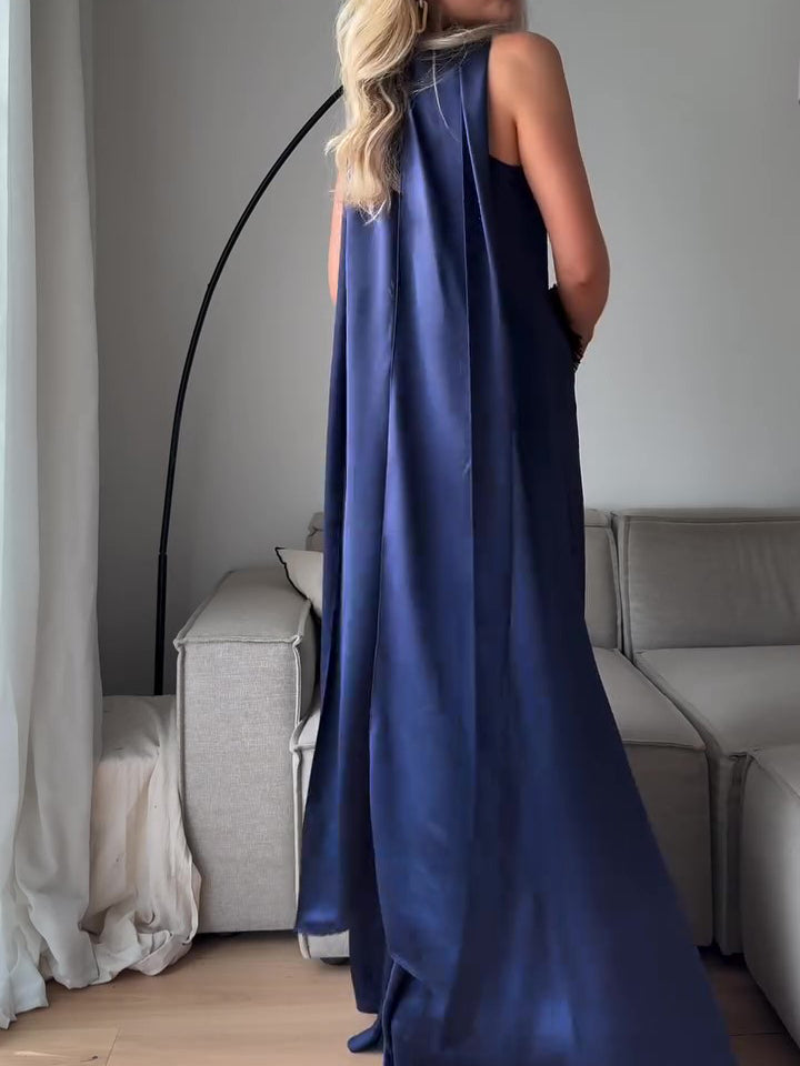 Vestito lungo in raso blu royal senza maniche