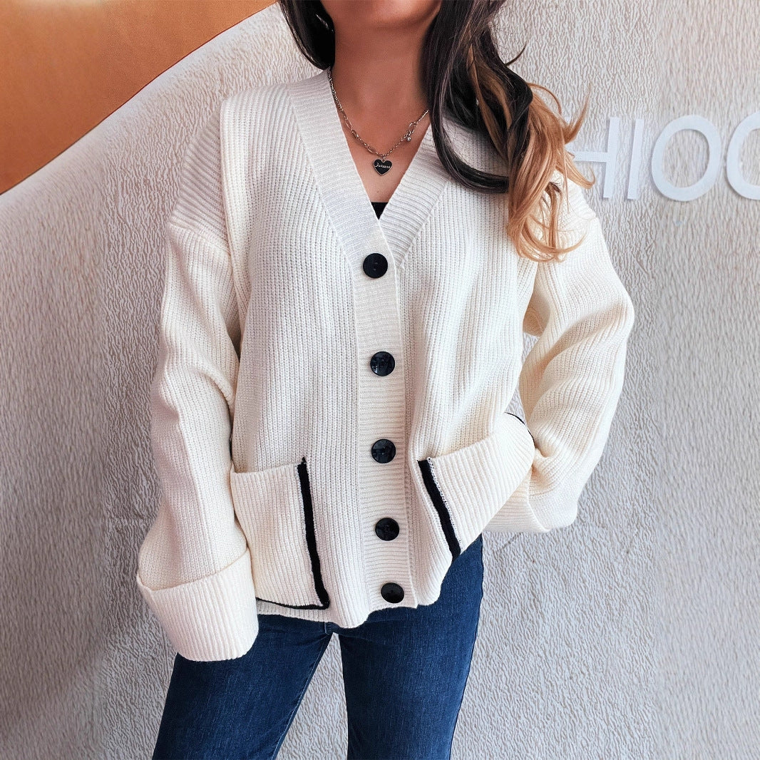 Casual Loose V-neck Solid Color Pocket Street Style Cardigan Sweater