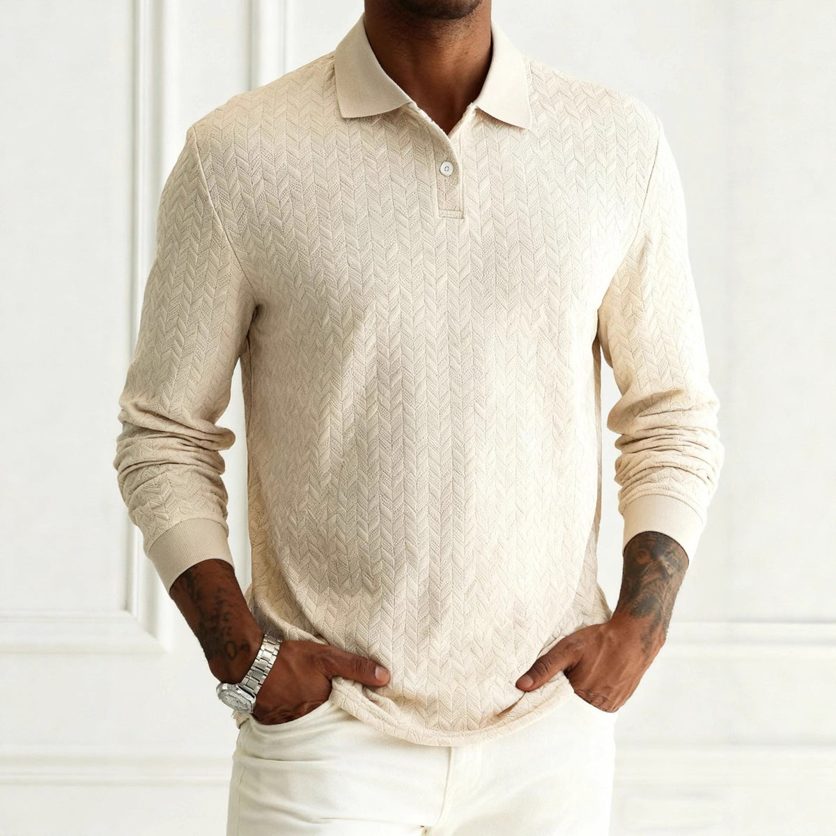Maglia versatile da uomo a maniche lunghe con abbottonatura sul davanti e risvolto a tinta unita