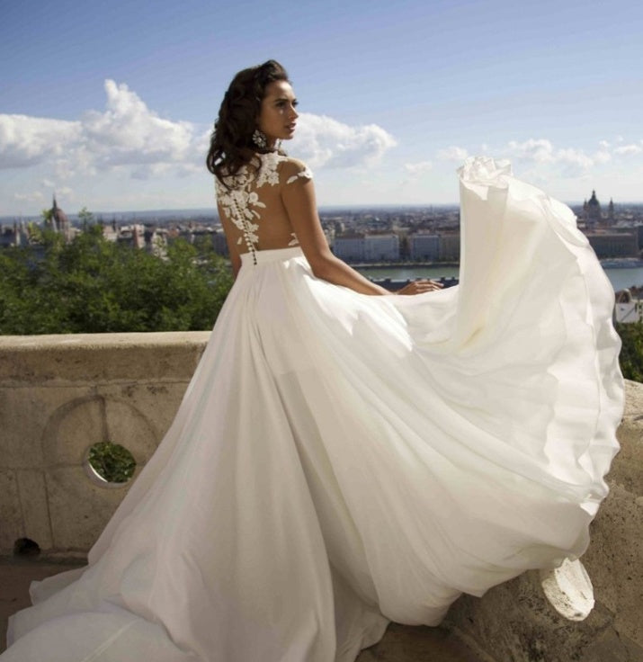 Abito da sposa bohémien con applicazioni, lungo fino al pavimento, in chiffon, abito da sposa elegante con spacco laterale, personalizzato