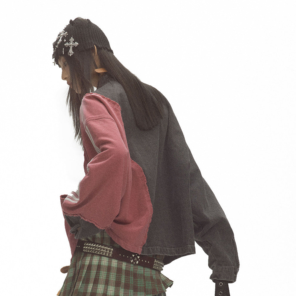 Giacca in denim patchwork a contrasto di colore da uomo e da donna, alta moda