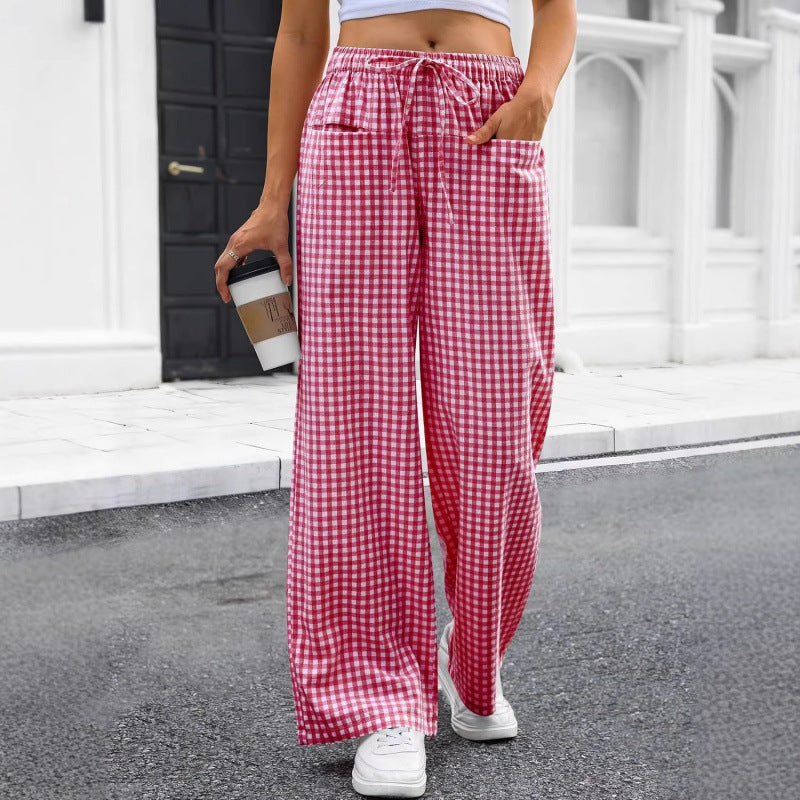 Pantaloni Loungeleisure Gessati a Vita Alta con Gamba Larga e Coulisse