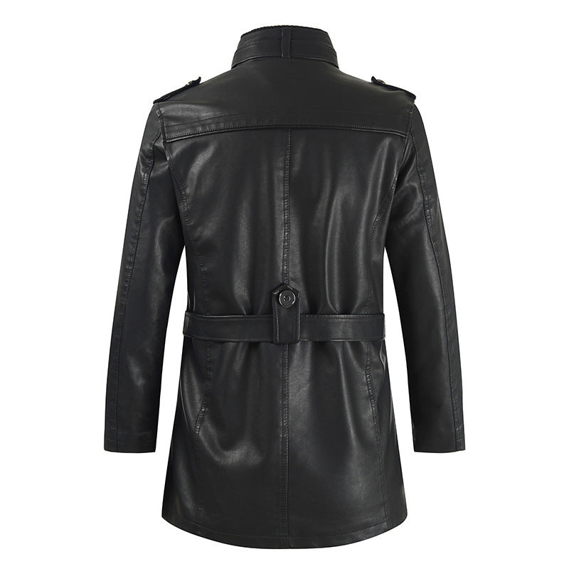 Men's Stand-up Collar And Velvet Mid-length Leather Jacket