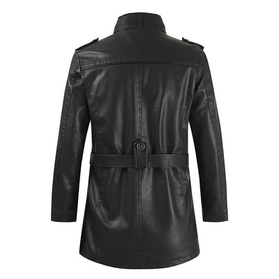 Men's Stand-up Collar And Velvet Mid-length Leather Jacket