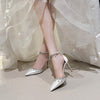 White Satin Strap Tassel Chain High Heels