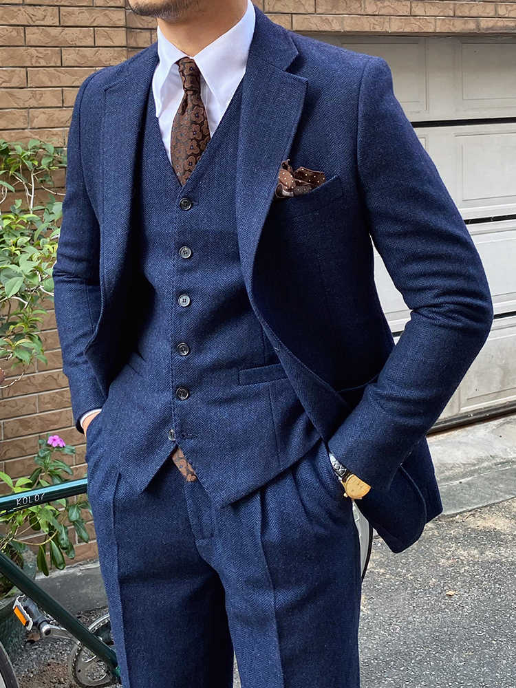 Abiti da uomo slim fit in lana a spina di pesce retrò Autunno Inverno