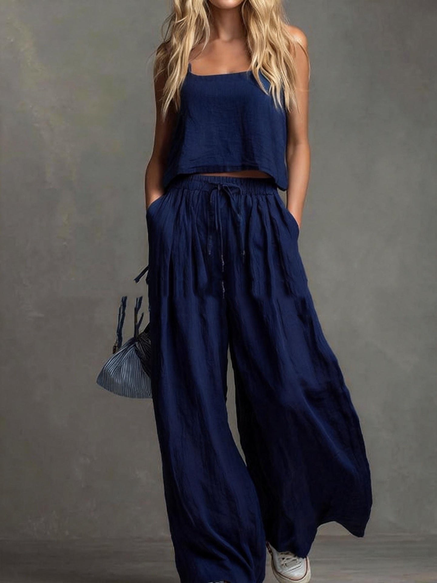 Womens Two-piece Set Loose-fitting Vest And Wide-leg Pants