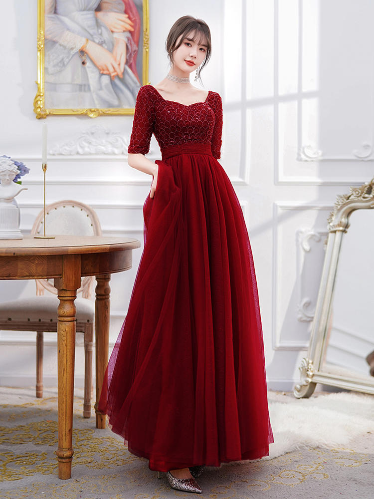 Vestito da sera bordeaux lungo da donna con maniche lunghe
